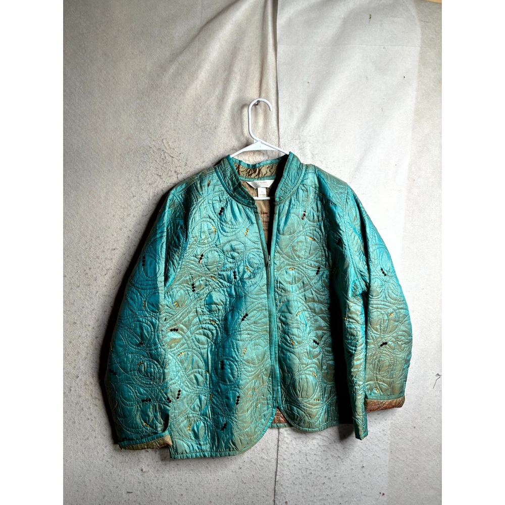 Christopher & Banks Quilted Jacket Women 1X Teal Blue Sequin Zip Up C.J. Banks